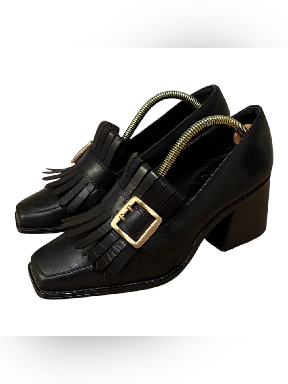 Vince Camuto Sedna Kiltie Block Heel Loafers Fringe Buckle Pump Women Black Sz 7